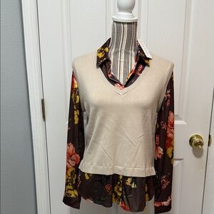 Elegant Floral Layered Blouse with Cream Vest